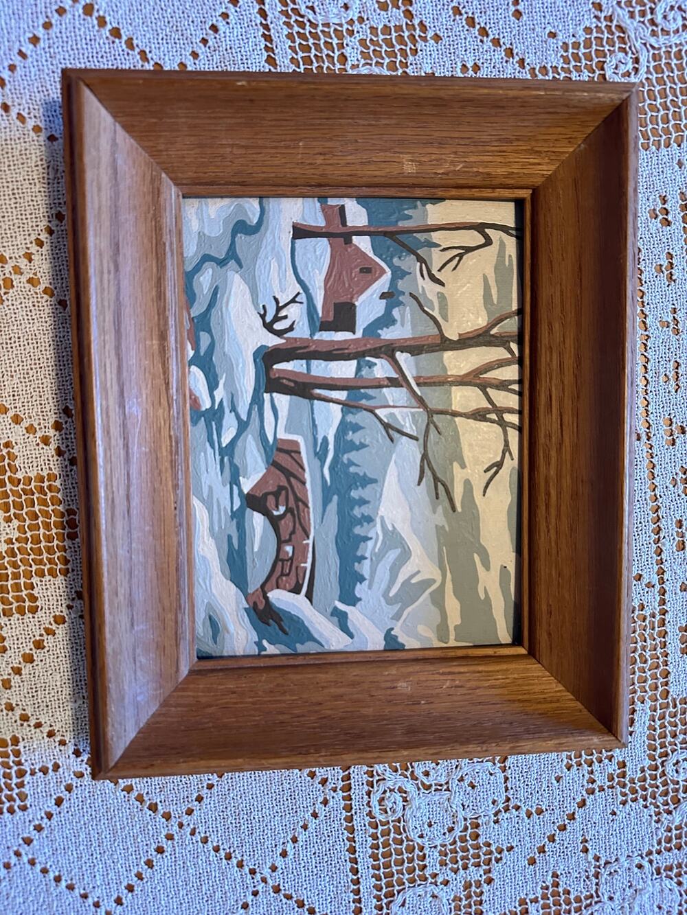 Paint By Number Winter Landscape Cabin Bridge Framed Mid Century Art 11x8.5